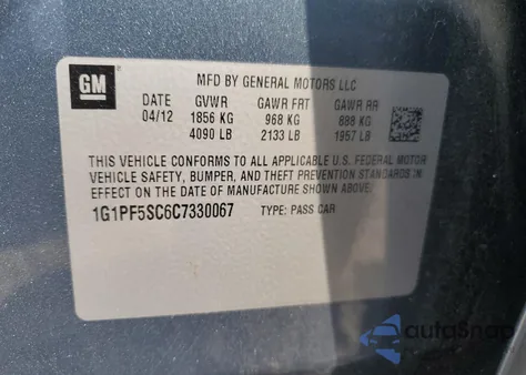 2012 Chevrolet Cruze Lt z USA, uszkodzony, nr VIN 1G1PF5SC6C7330067